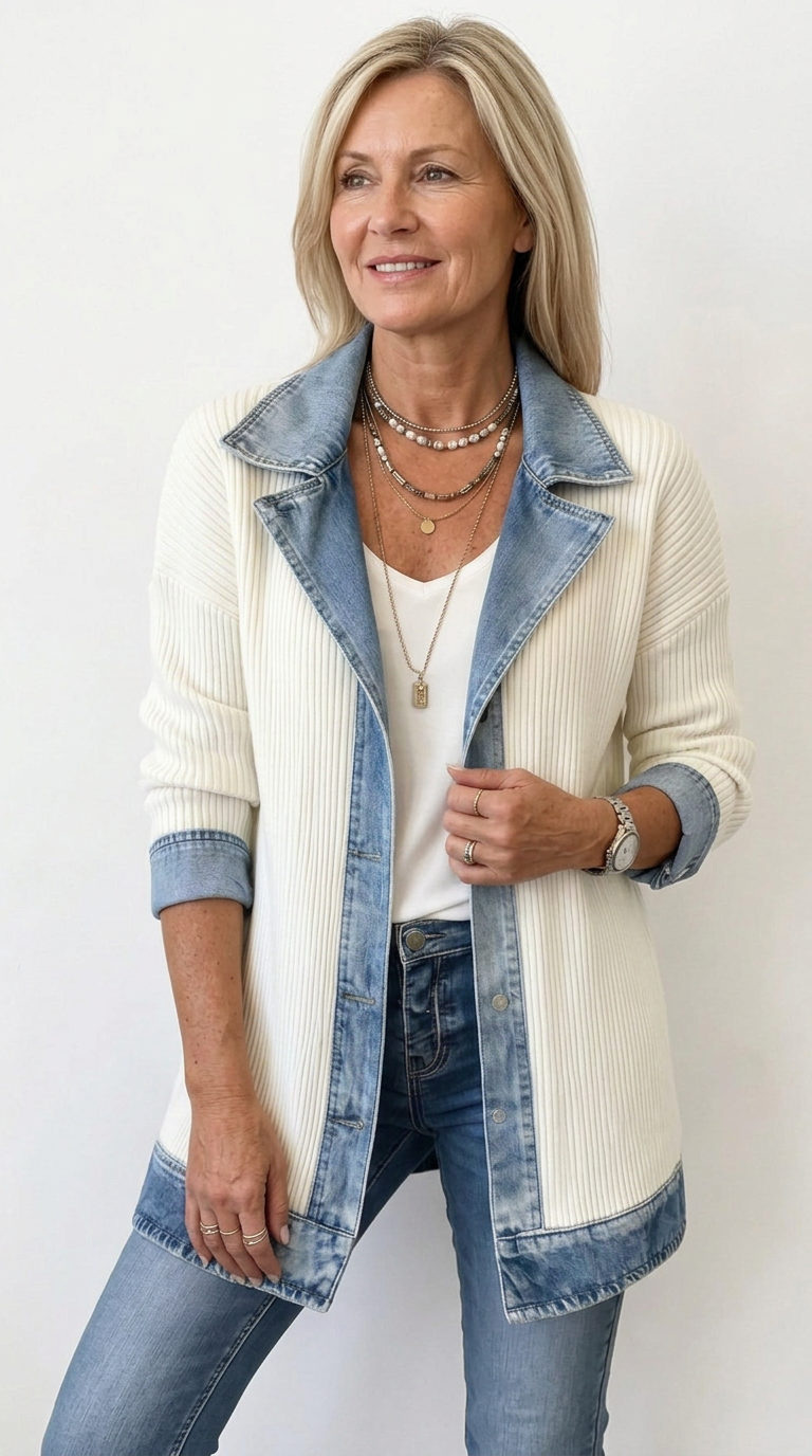 Gilet long en maille côtelée avec finitions en denim pour femme