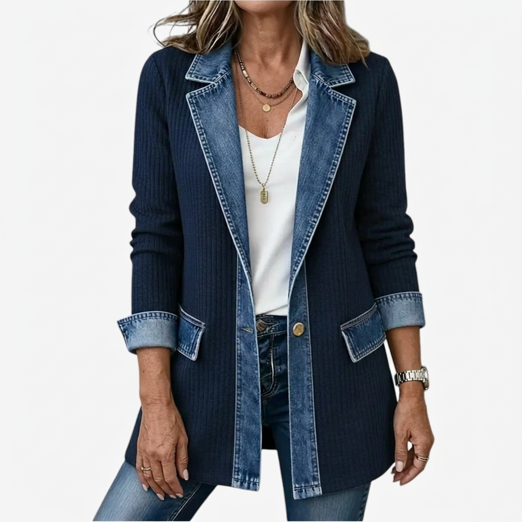 Gilet long en maille côtelée avec finitions en denim pour femme