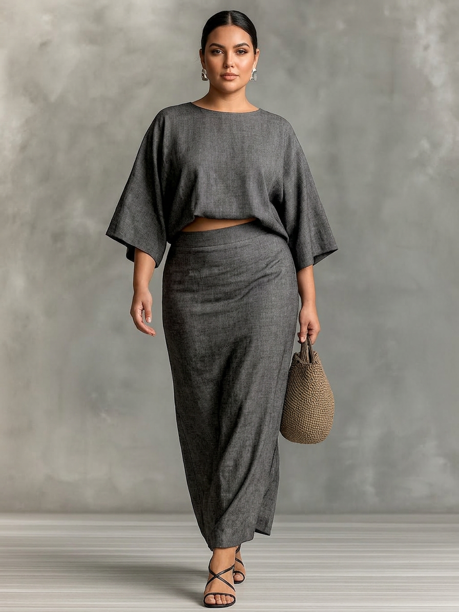Women’s Linen-Blend Two Piece Top & Maxi Skirt Set