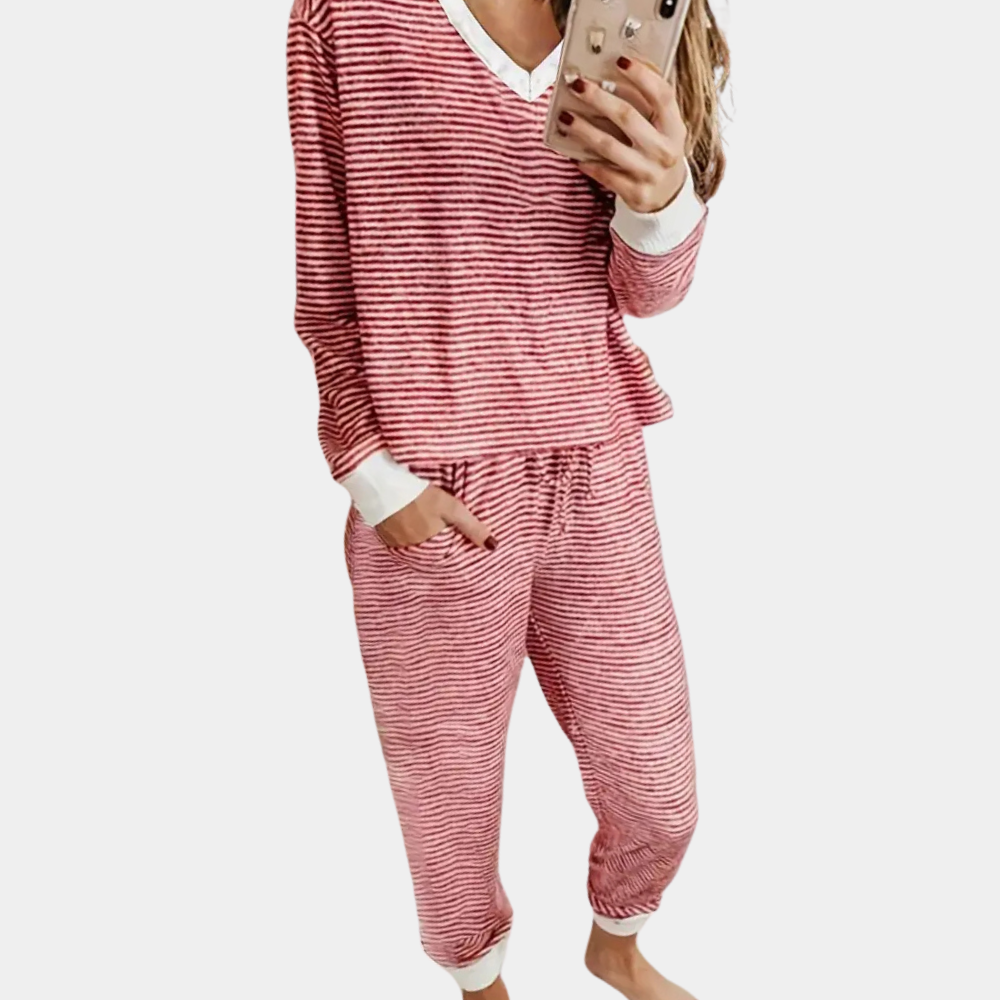 Women's Red Striped Pyjama Set | Long Sleeve Loungewear