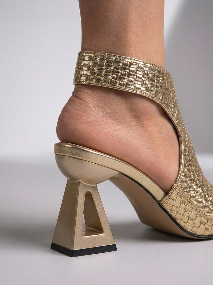 Peep-Toe Heeled Sandals with Woven Texture and Side Cutout