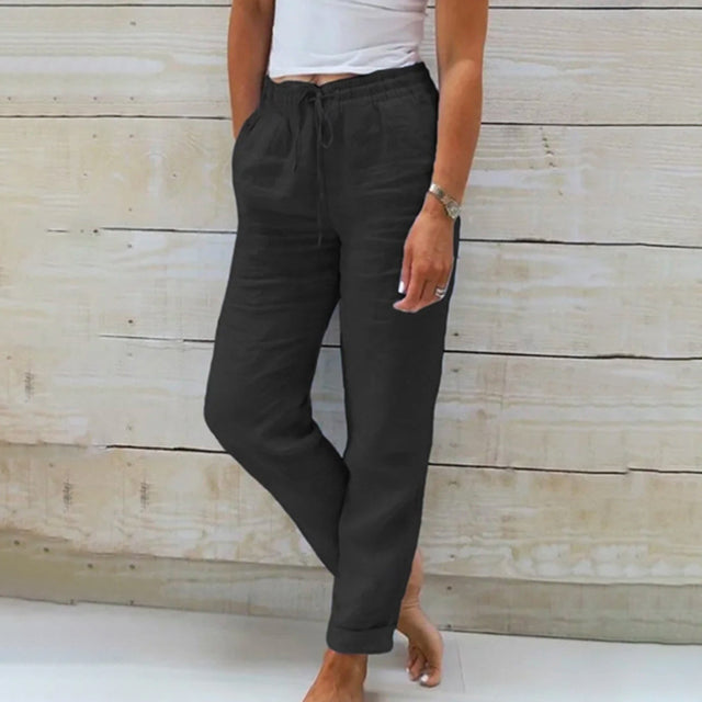 Women's Straight Leg Linen Trousers with Drawstring
