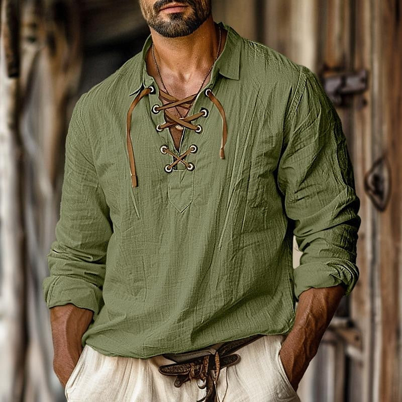 Lace-Up Long-Sleeve Shirt with Tunic Collar