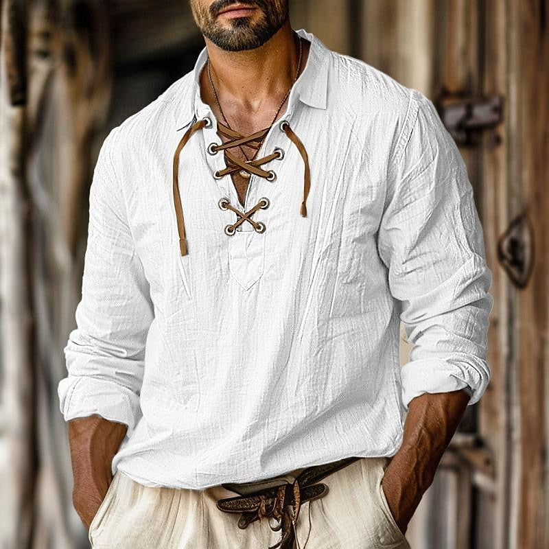 Lace-Up Long-Sleeve Shirt with Tunic Collar