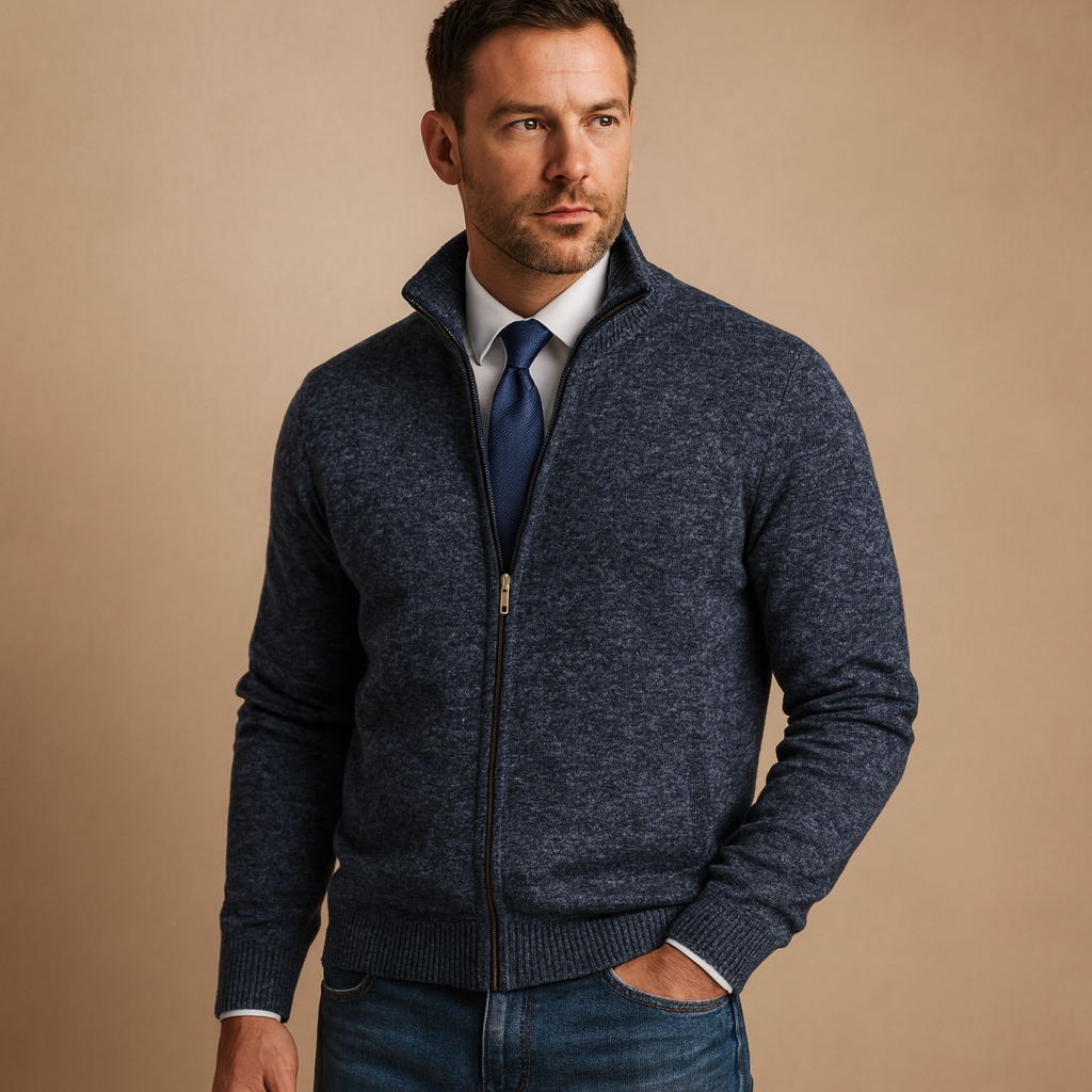 Zip-Up Knit Cardigan with Ribbed Collar
