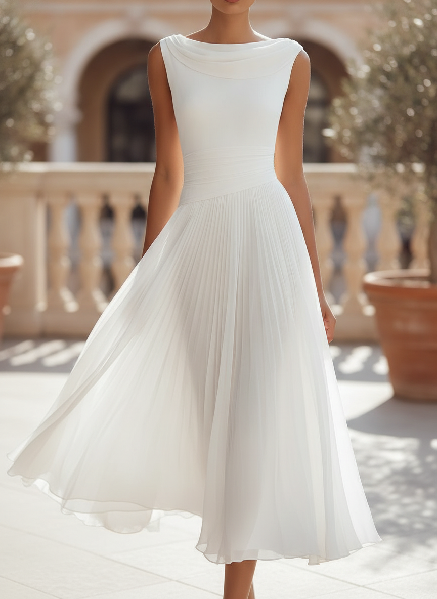 Chiffon Midi Dress with Draped Cowl Neckline