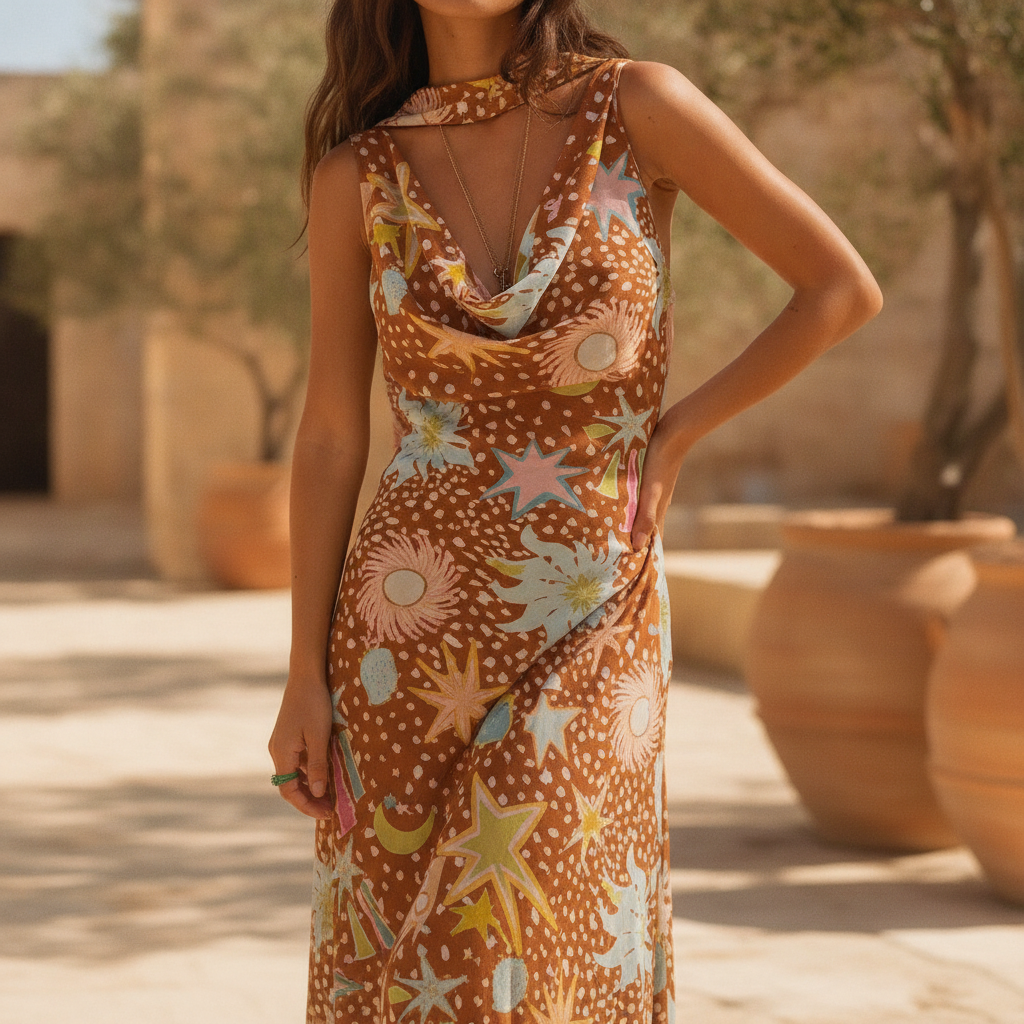 Satin Maxi Dress with Cutout Collar Detail
