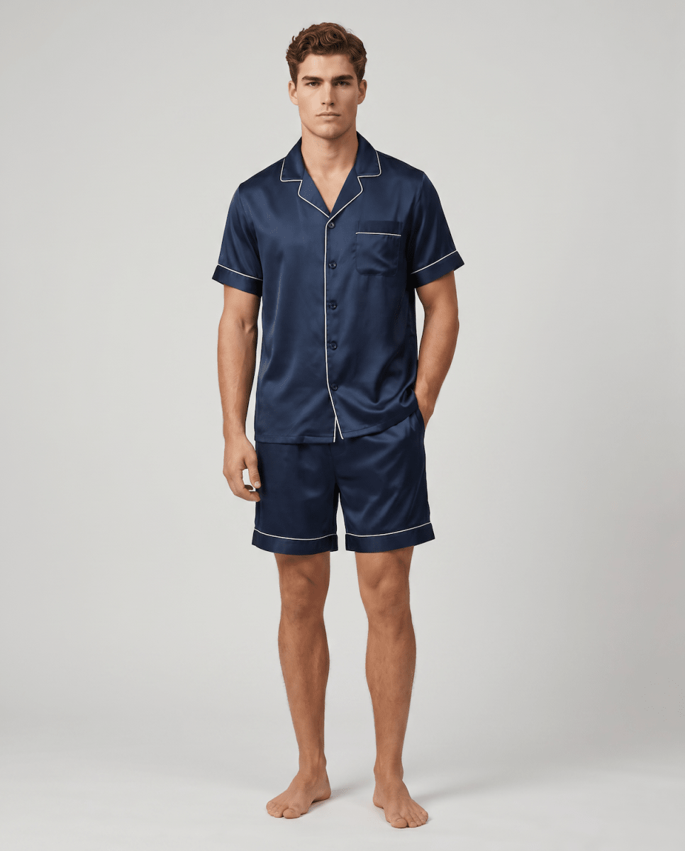Ensemble de pyjama satiné à manches courtes pour homme | Chemise boutonnée rayée et short
