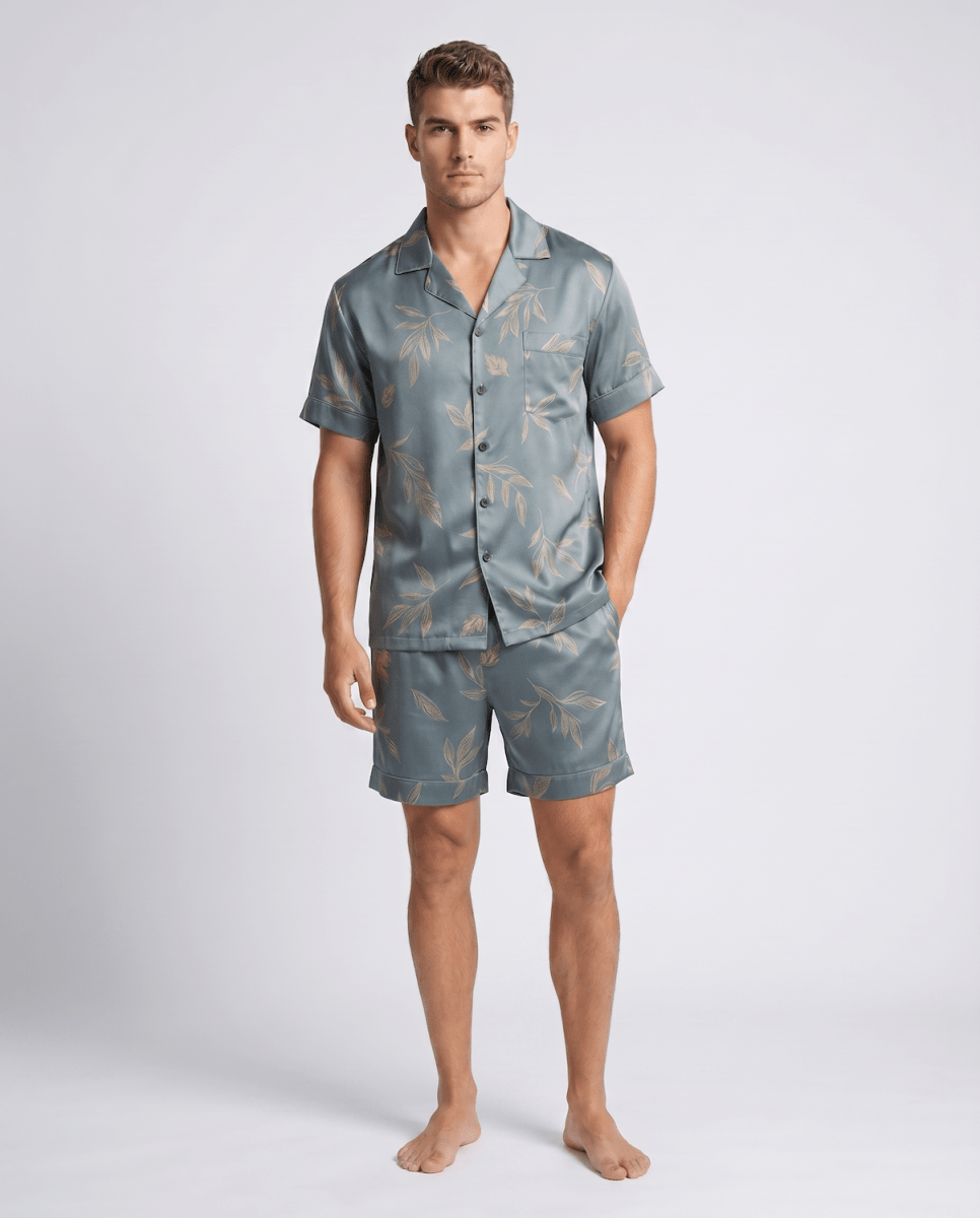 Ensemble de pyjama satiné à manches courtes pour homme | Chemise boutonnée rayée et short