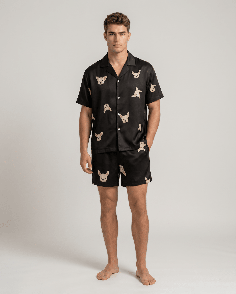 Ensemble de pyjama satiné à manches courtes pour homme | Chemise boutonnée rayée et short