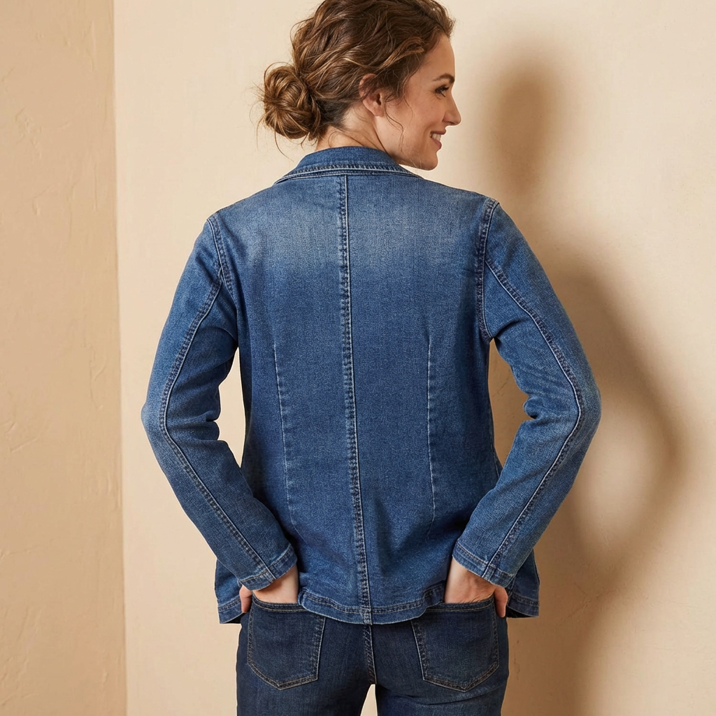 Denim Blazer with Notched Lapel and Patch Pockets