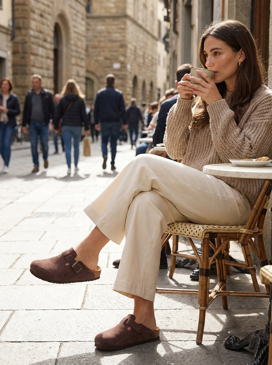 Suede Buckle Clogs with Cork Sole