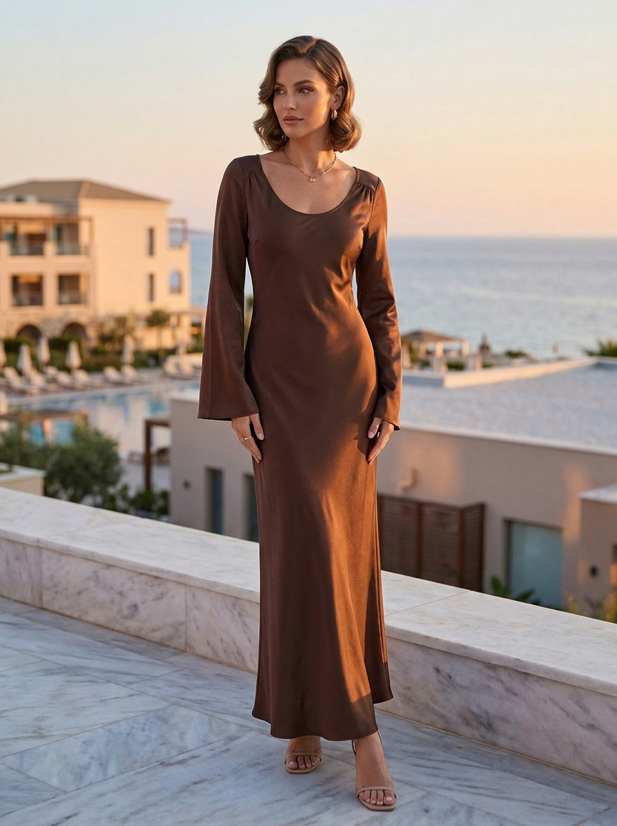 Satin Maxi Dress with Bell Sleeves and Scoop Neck