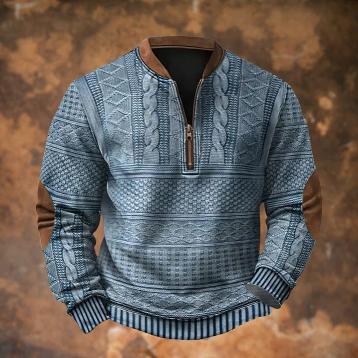 Męski sweter o splocie warkoczowym z zamkiem pod szyją