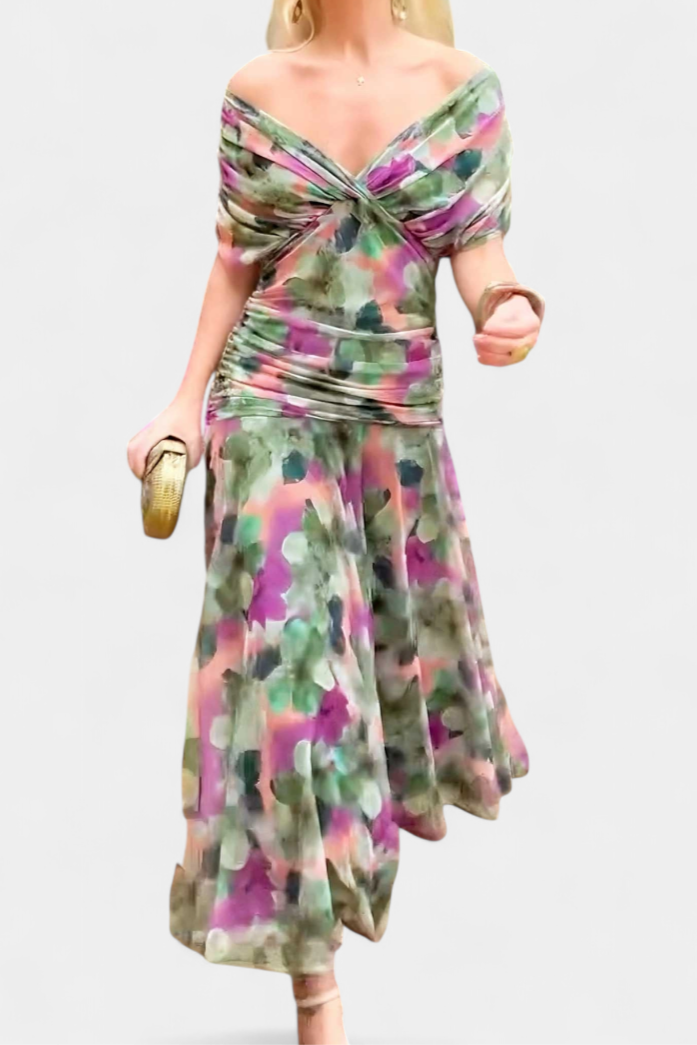Off-Shoulder Midi Dress with Ruched Bodice