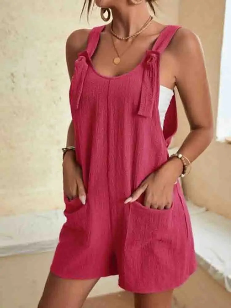 Women's Cotton Blend Tie Strap Playsuit with Pockets