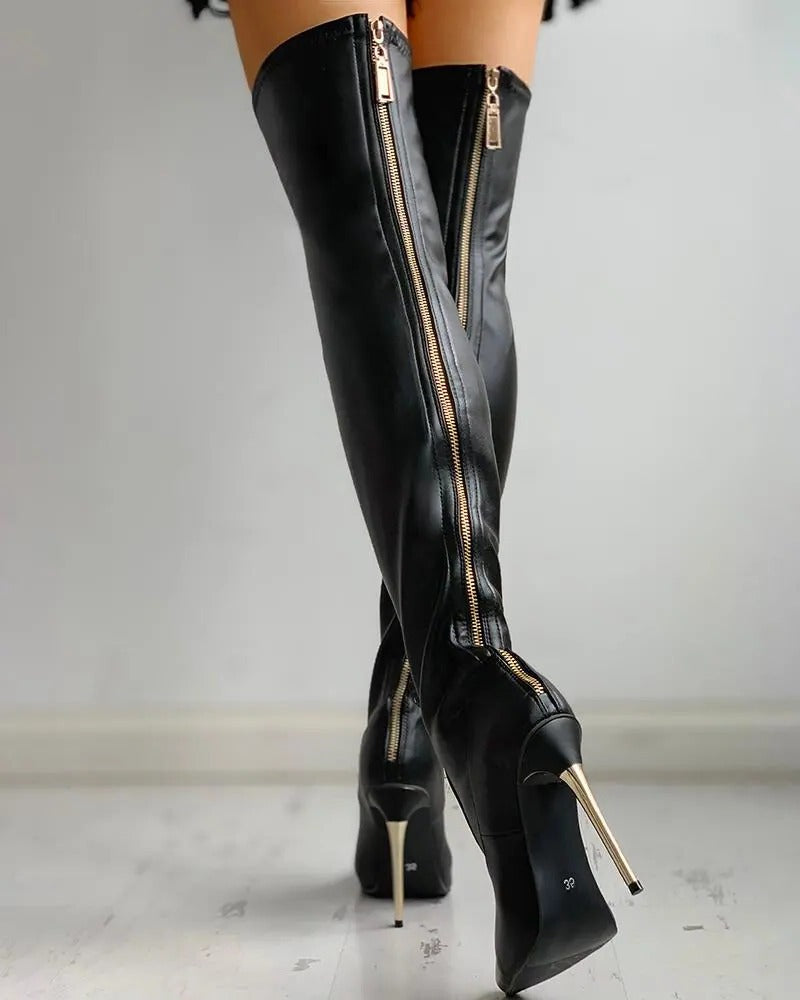 Bottes cuissardes pour femme | Similicuir noir à talon haut