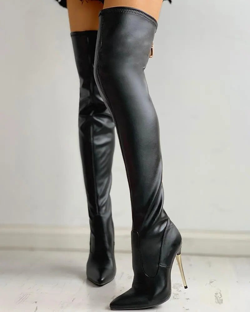 Bottes cuissardes pour femme | Similicuir noir à talon haut