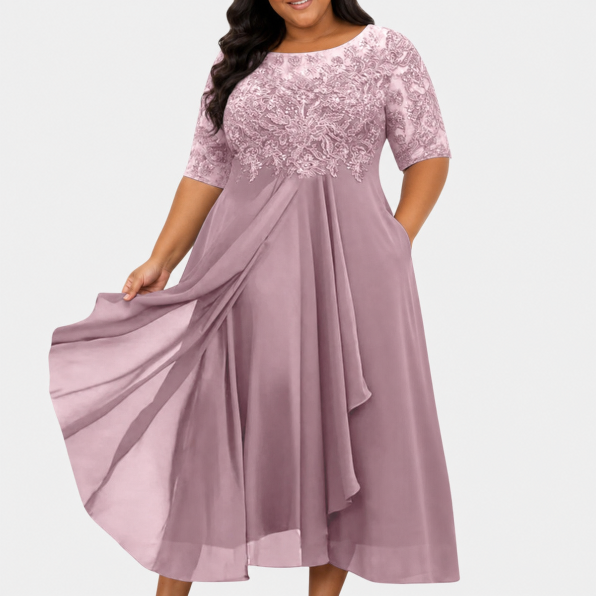 Robe midi en dentelle et mousseline pour femme avec jupe drapée