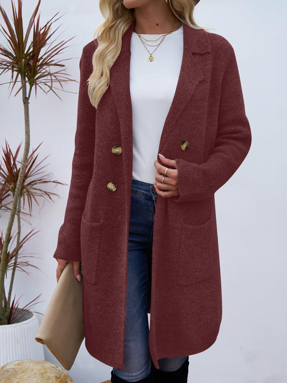 Long cardigan en maille pour femme | Manteau blazer ouvert sur le devant