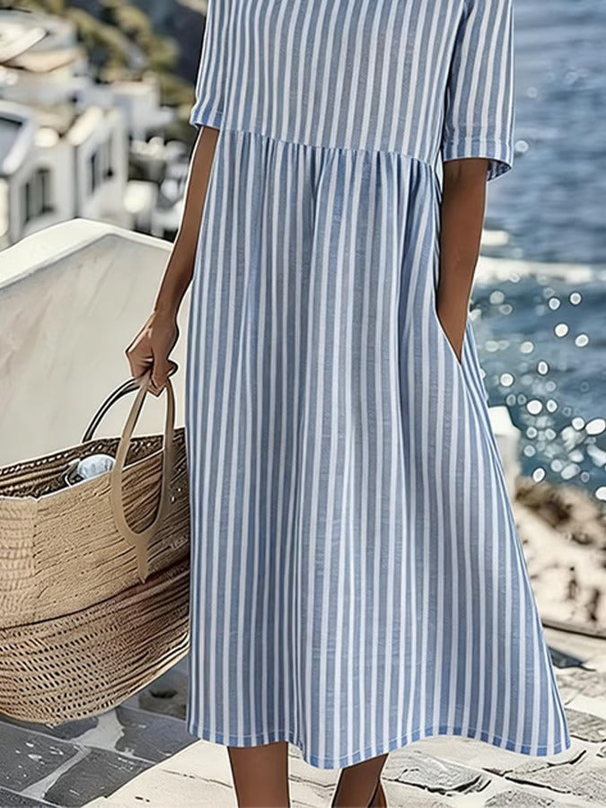 Striped Midi Dress with Round Neck and Pockets