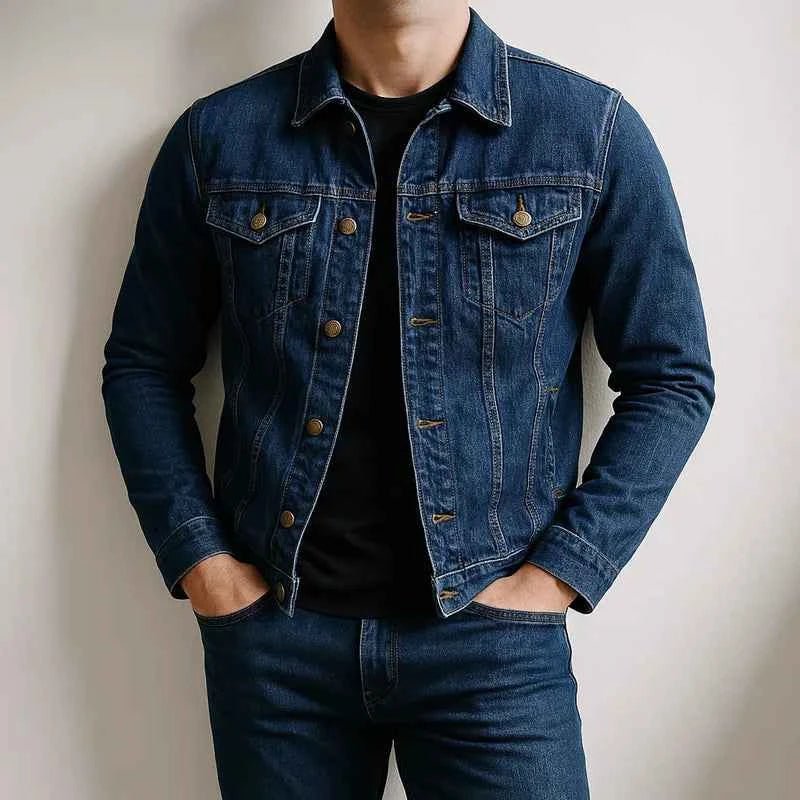 Denim Trucker Jacket with Flap Pockets and Button Front