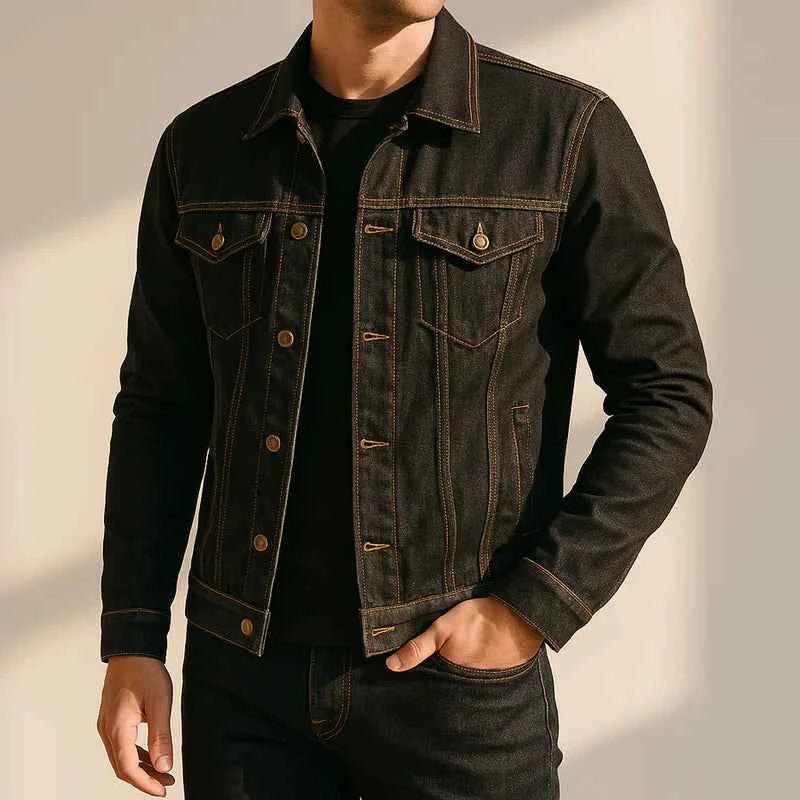 Denim Trucker Jacket with Flap Pockets and Button Front