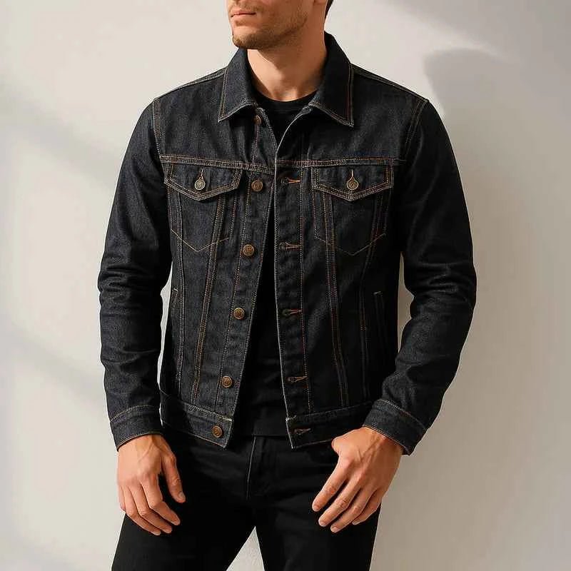 Denim Trucker Jacket with Flap Pockets and Button Front