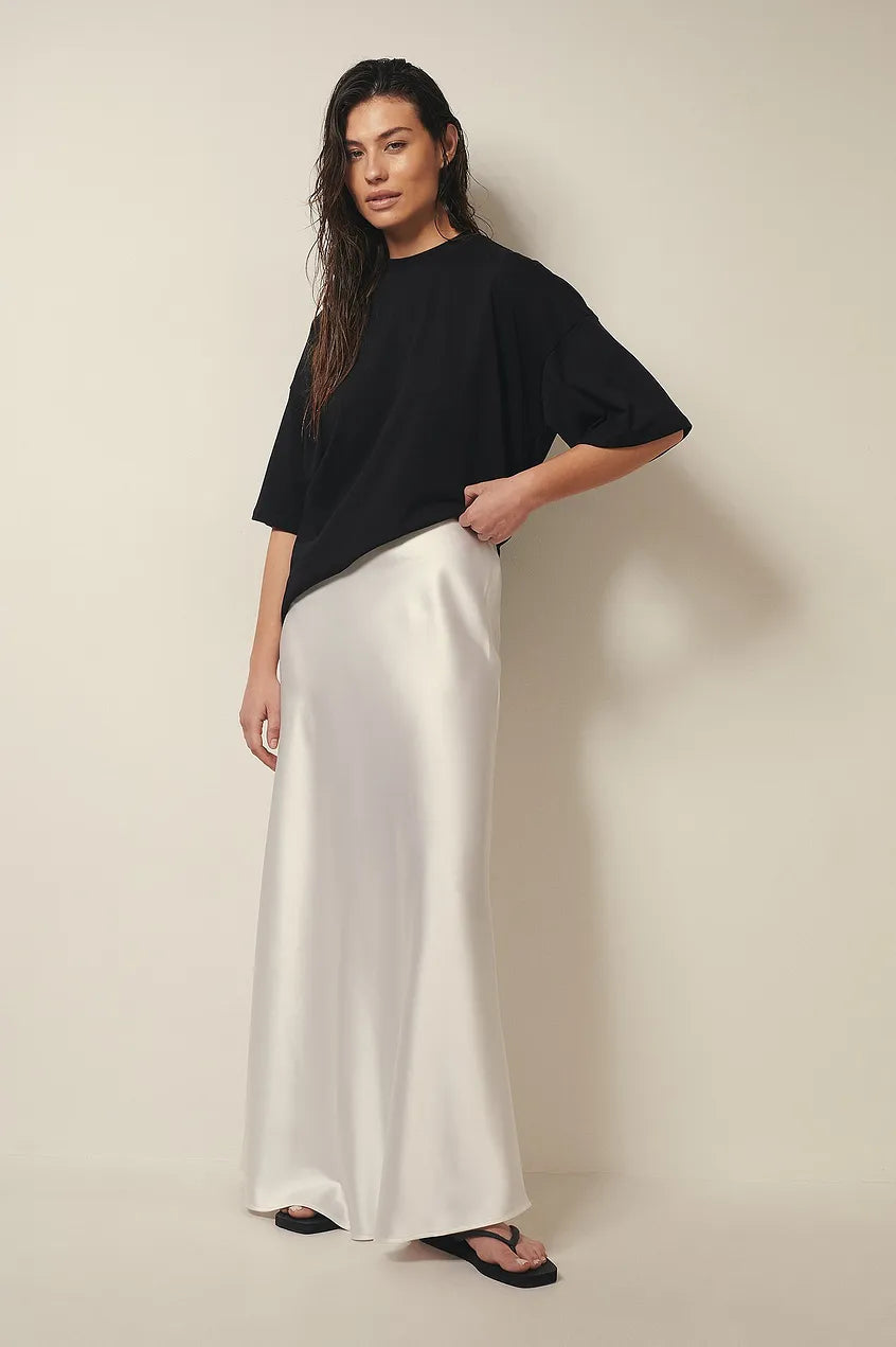Jupe midi satinée pour femme | Jupe trapèze taille haute
