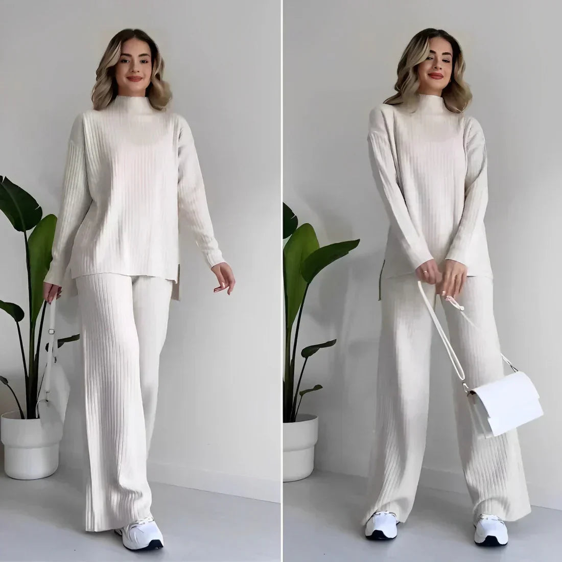 Women's Ribbed High-Neck Jumper and Wide-Leg Trousers Set