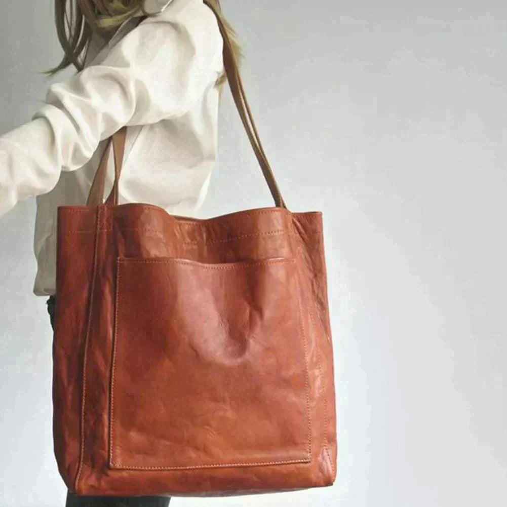 Leather Tote Bag with Front Pocket and Shoulder Straps