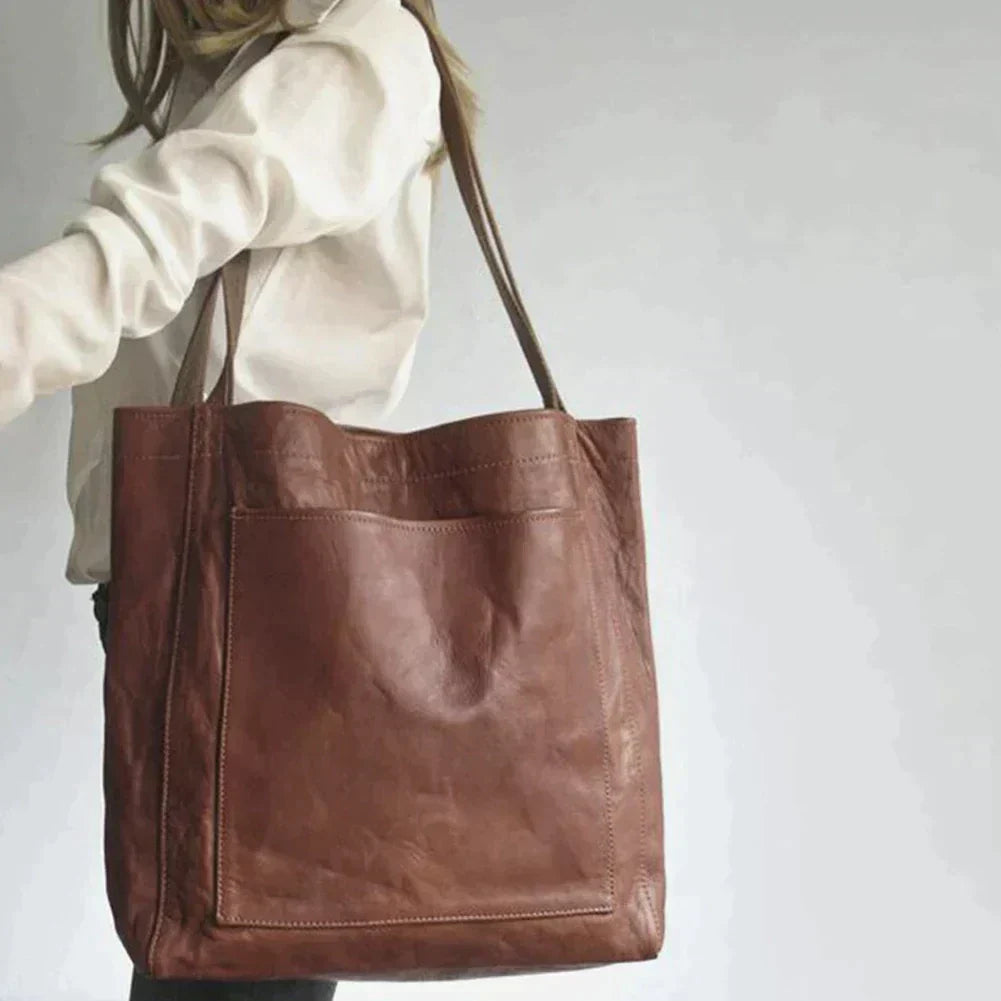 Leather Tote Bag with Front Pocket and Shoulder Straps