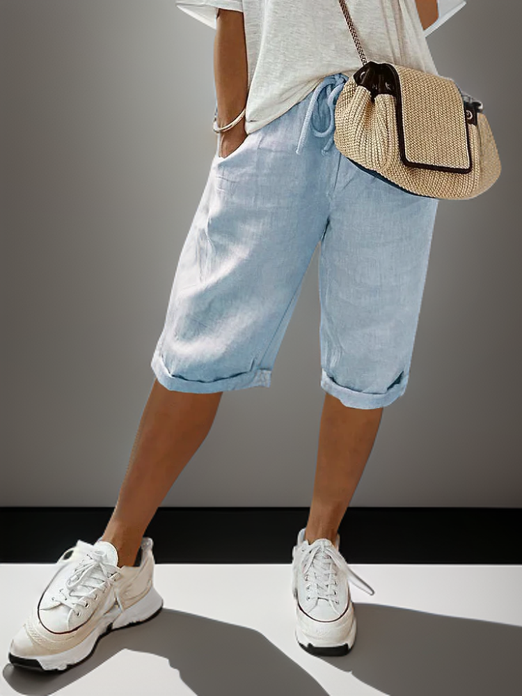 Knee-Length Linen Shorts with Rolled Hem