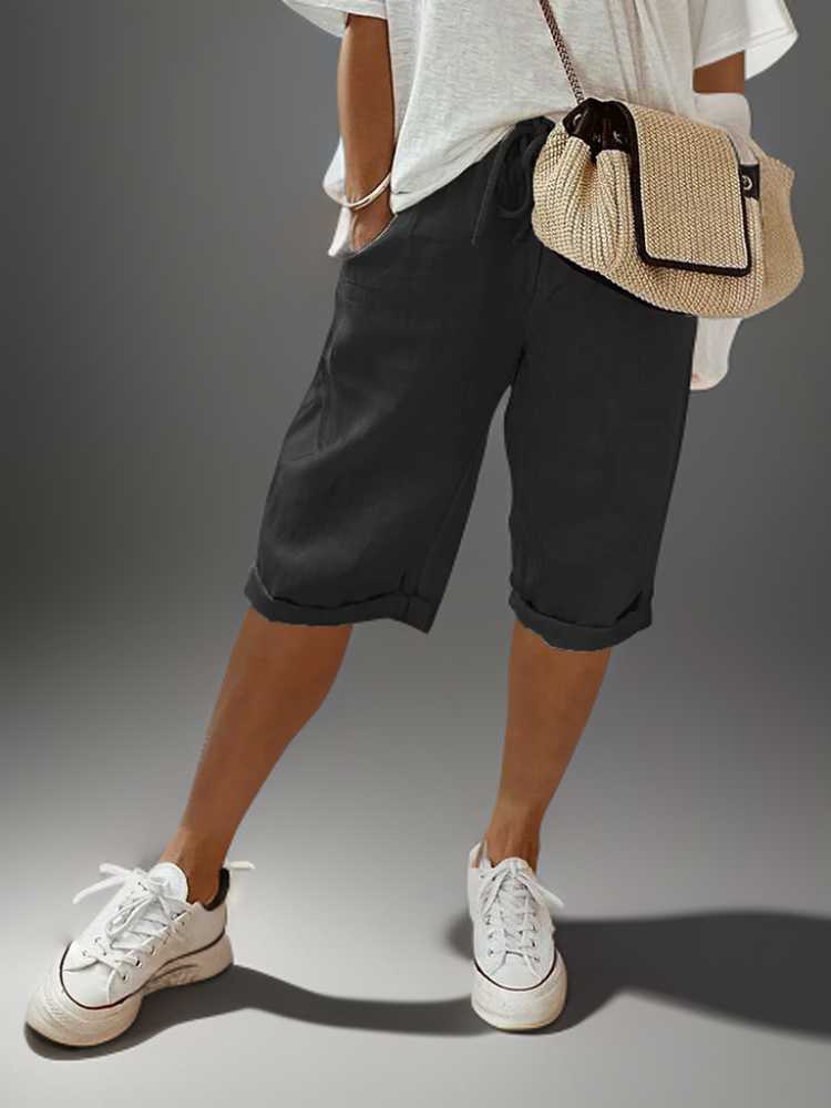 Knee-Length Linen Shorts with Rolled Hem