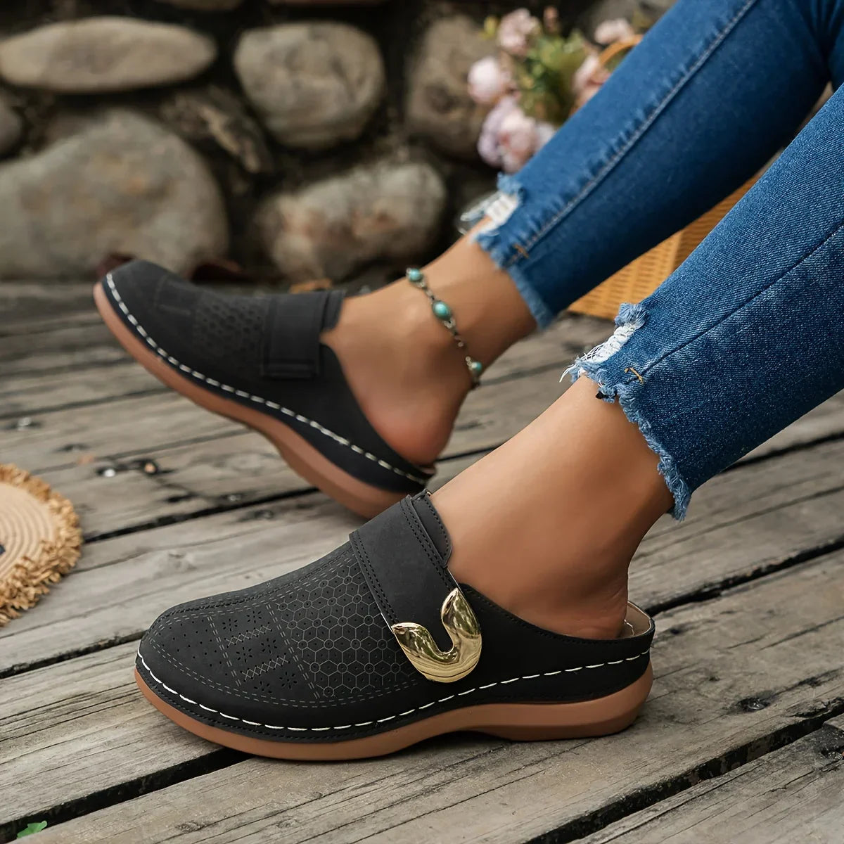 Slip-On Clog Mules with Decorative Buckle