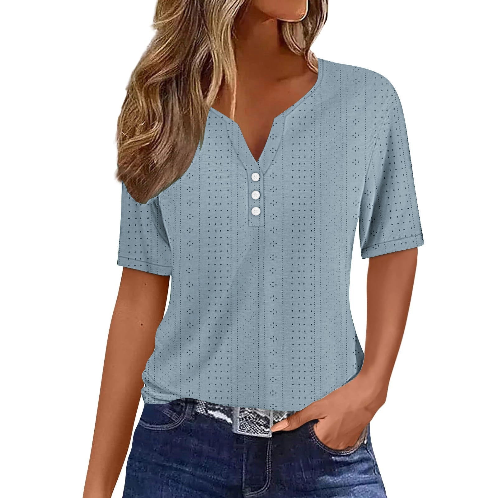 Textured V-Neck Blouse with Button Placket
