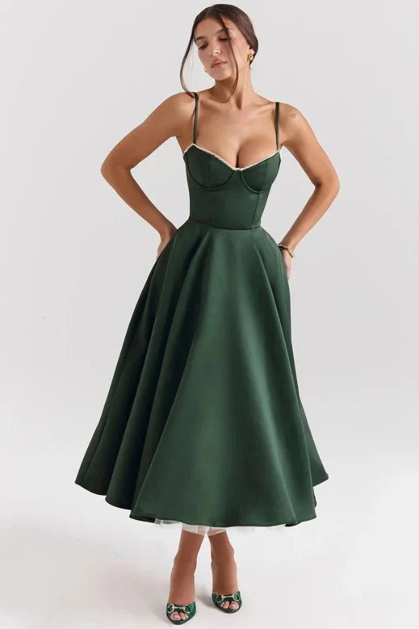 Corset Midi Dress with Sweetheart Neckline and Full Skirt