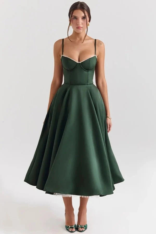 Corset Midi Dress with Sweetheart Neckline and Full Skirt