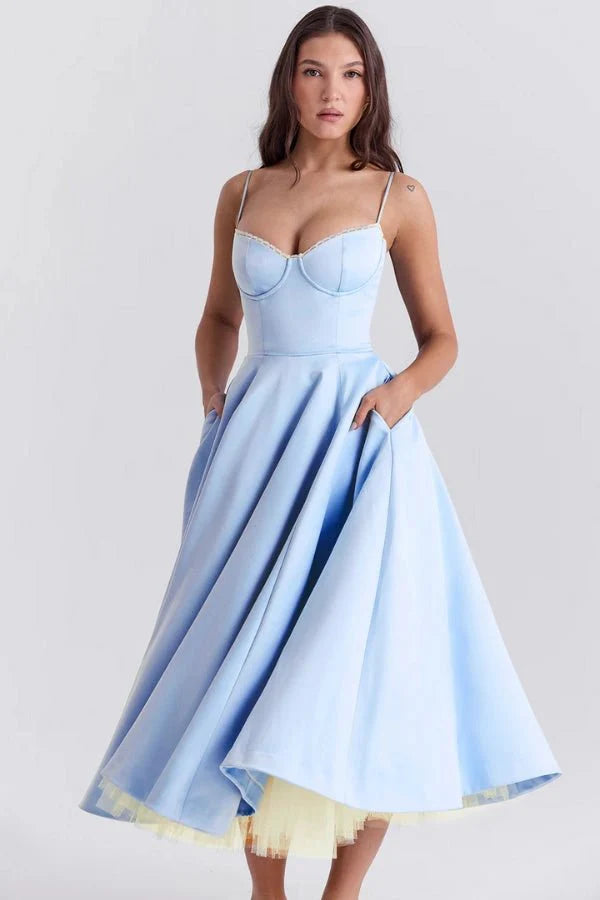 Corset Midi Dress with Sweetheart Neckline and Full Skirt