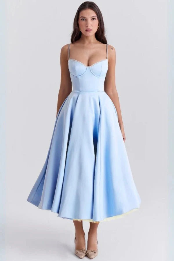 Corset Midi Dress with Sweetheart Neckline and Full Skirt