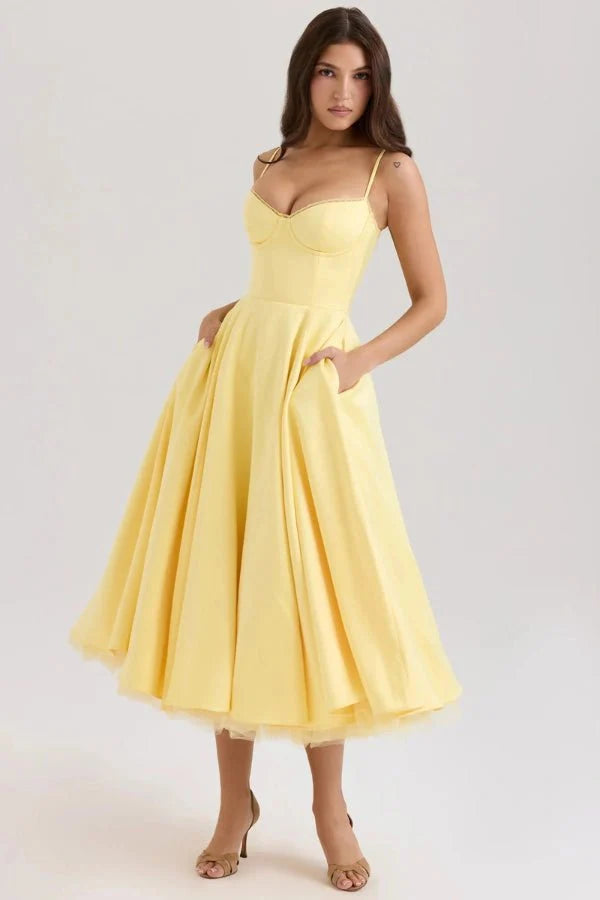 Corset Midi Dress with Sweetheart Neckline and Full Skirt