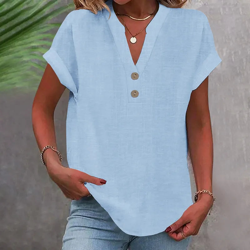 V-Neck Button Blouse with Rolled Sleeves