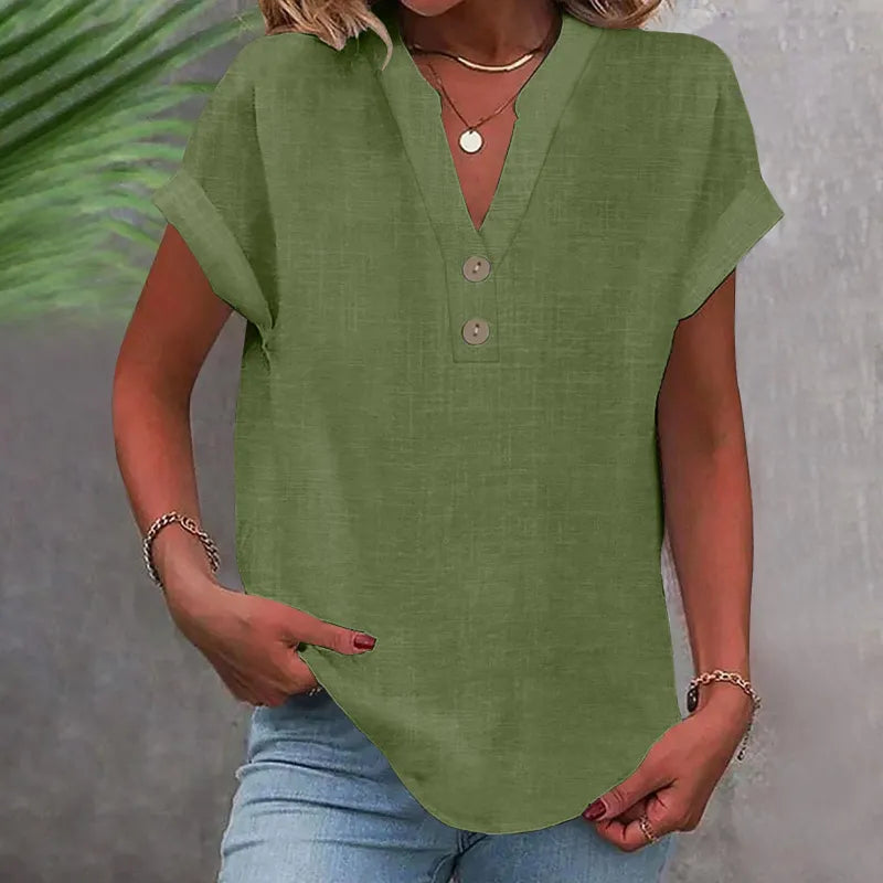 V-Neck Button Blouse with Rolled Sleeves