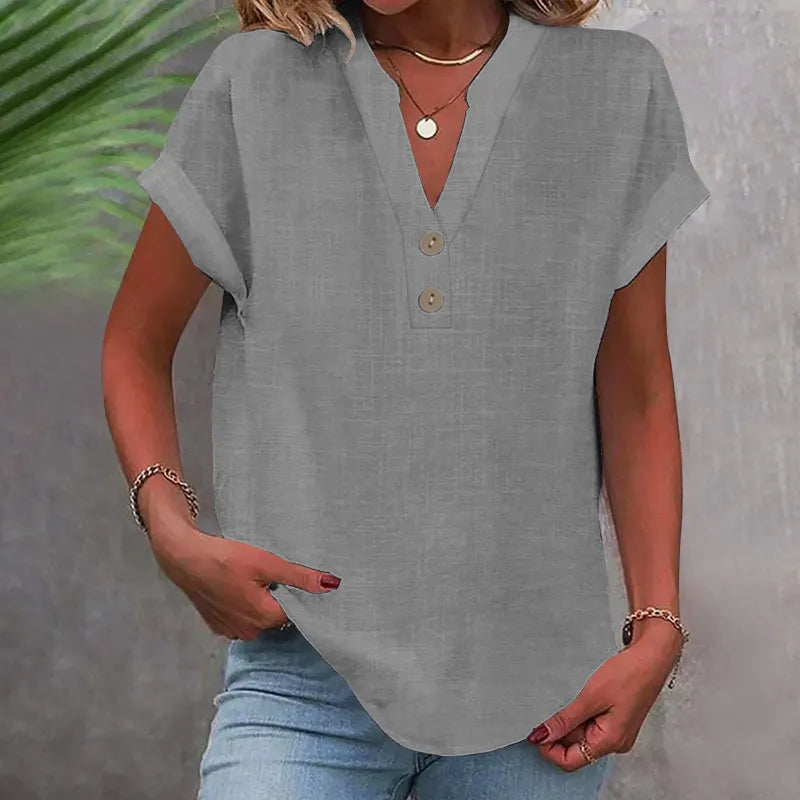 V-Neck Button Blouse with Rolled Sleeves