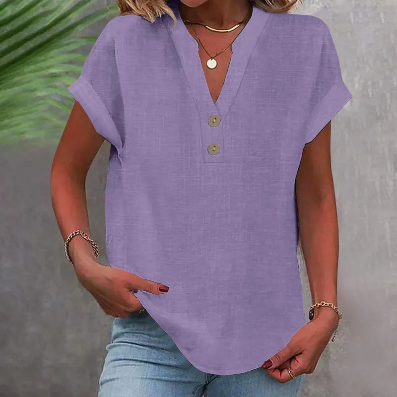 V-Neck Button Blouse with Rolled Sleeves