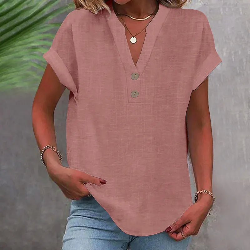 V-Neck Button Blouse with Rolled Sleeves