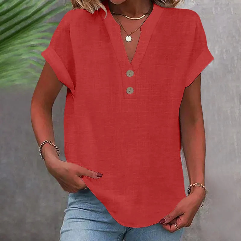 V-Neck Button Blouse with Rolled Sleeves