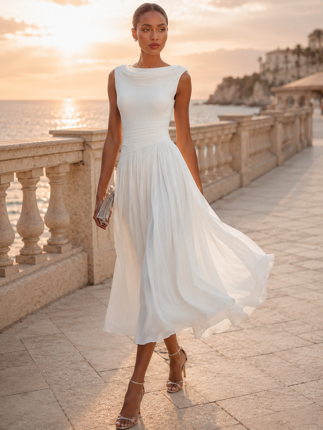 Chiffon Midi Dress with Draped Cowl Neckline