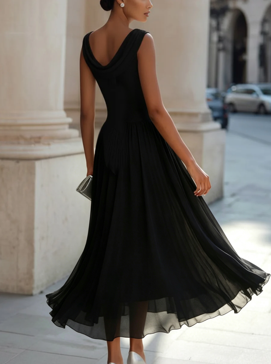 Chiffon Midi Dress with Draped Cowl Neckline