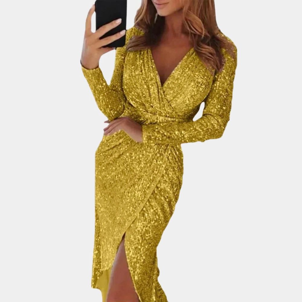 Women's Sequin Wrap Midi Dress | V-Neck Long Sleeve